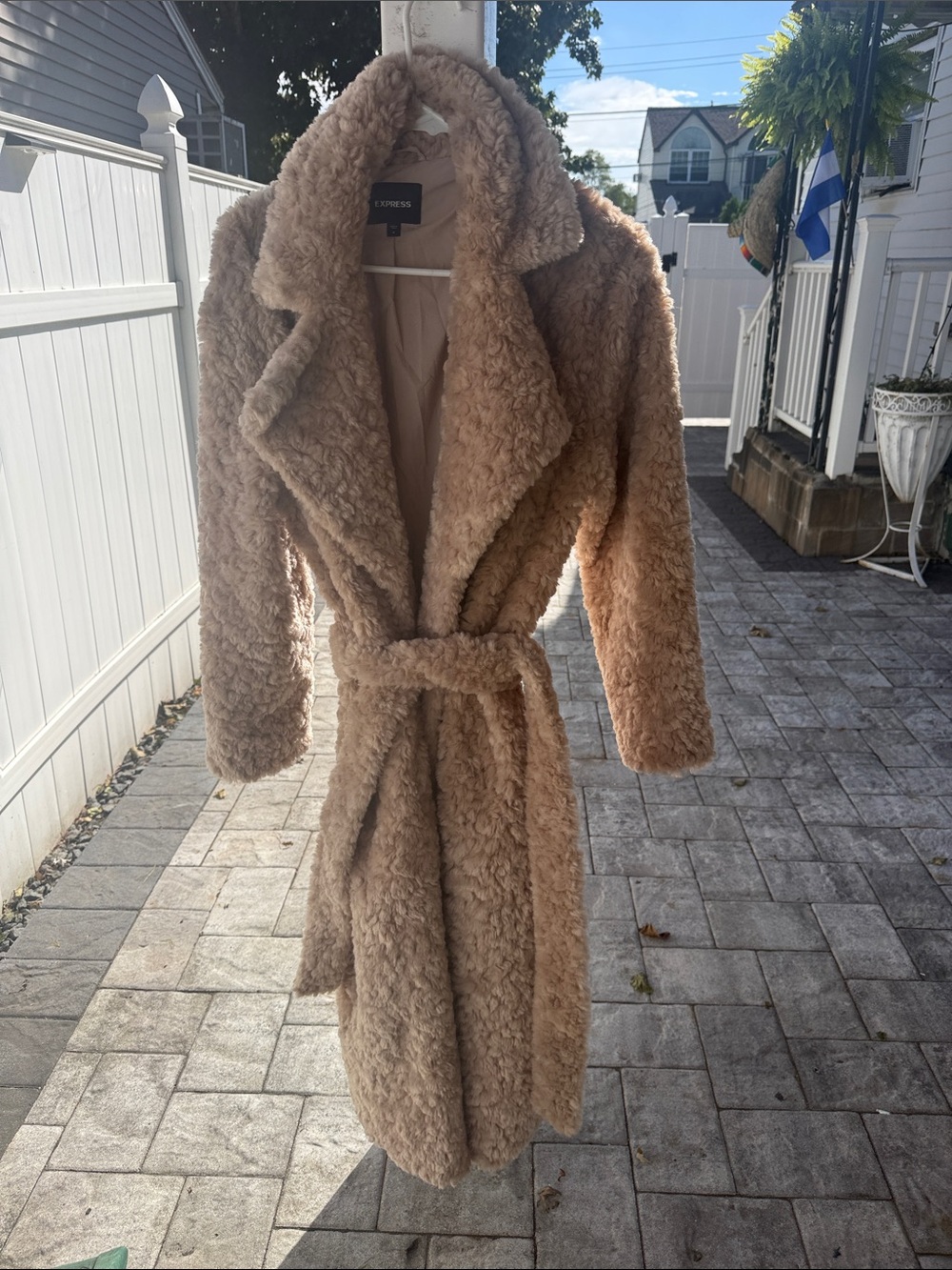 Express Plush Teddy Coat in Camel Brown with Belt